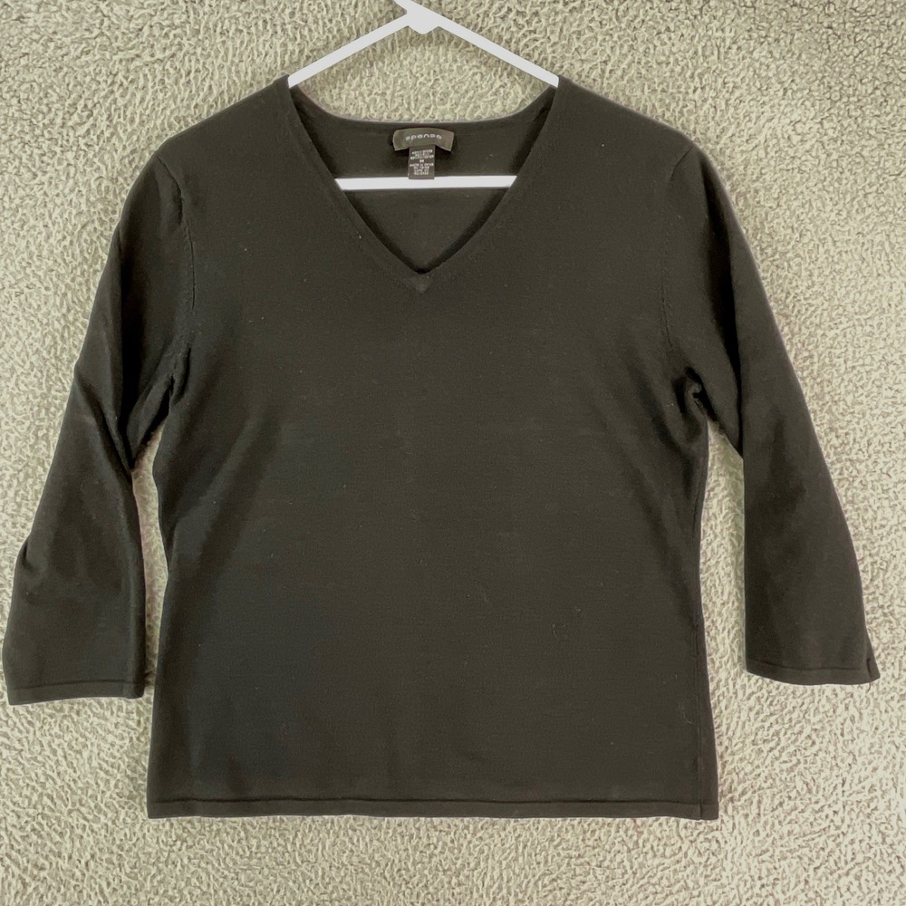 Spense Sweater Women Medium Black V-Neck 3/4 Sleeve Silk Blend Knit Top Classic
